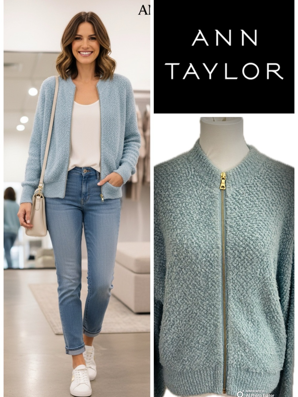 Ann Taylor Light Blue Textured Bouclé Knit Full Zip Bomber Jacket Sweater - L
